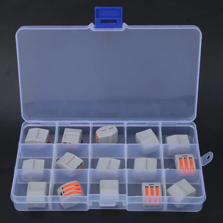 Wire Connector 15pcs 3 Way Spring Lever Terminal Block Reusable Electrical Wire Cable Connector with Box Terminal Connector