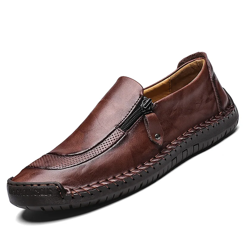 

Man Shoes Leather Genuine Footwear Man Plus Size 38-58 Loafers Side Zipper Sewing Men Moccasins Fashion Chaussure Homme