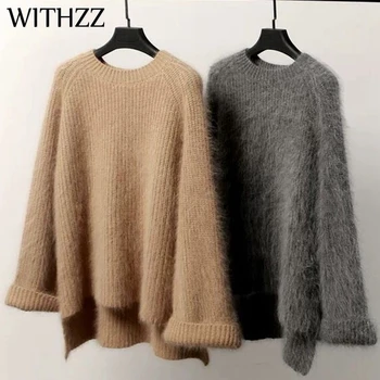 

WITHZZ Autumn Winter Warm Pullover Furry Imitation Mink Round Neck Solid Color Sweater