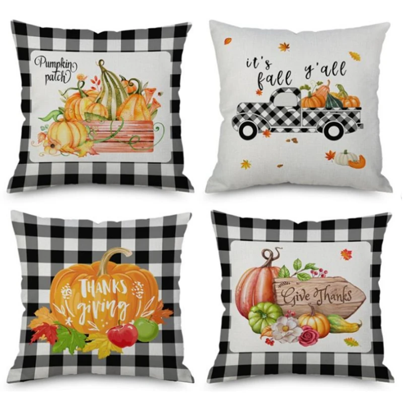 4x Autumn Thanksgiving Holiday Decorative Pillow Case Cushion Cover Square Pillow Case Sofa Decoration