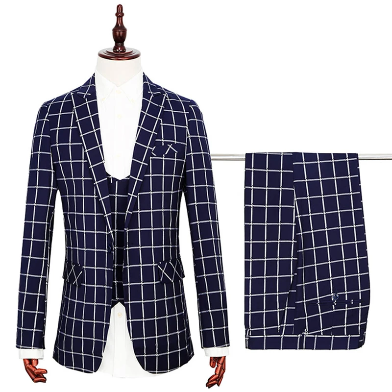 15.1      3??108Checked Slim Men`s Suit 3-Piece Set (Jacket + Pants + Vest) Stylish Gentleman Men`s Suit Business Casual Formal Suit Set