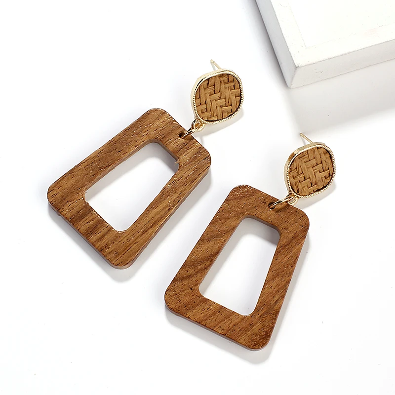 AENSOA, простые геометрические круглые квадратные деревянные длинные висячие серьги для женщин, винтажные натуральные сплайсинговые полые деревянные серьги, ювелирное изделие
