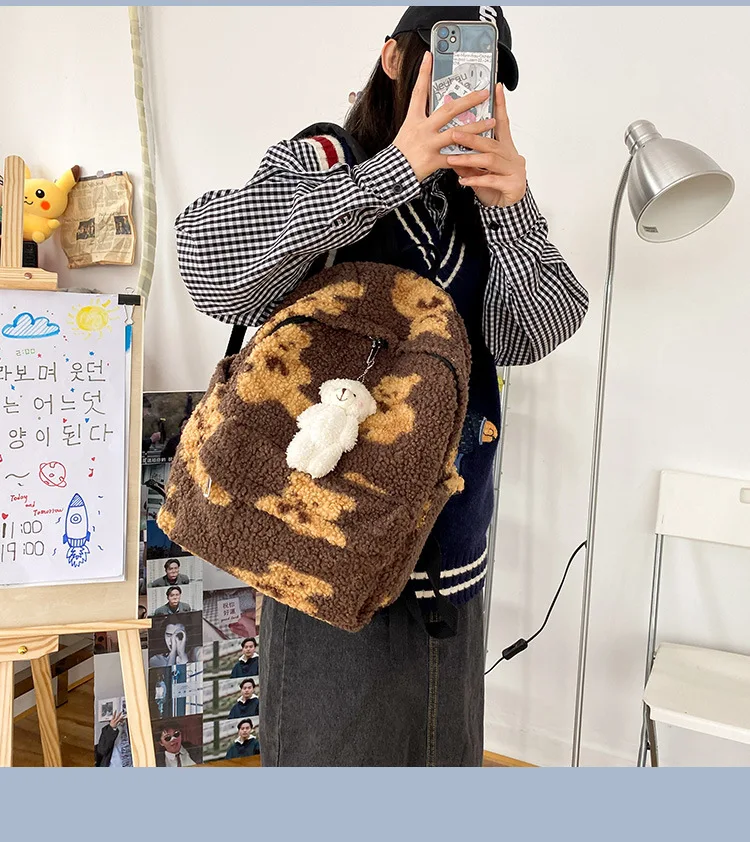 Imitation Lamb Hair Backpack Women School Bags For Teenage Girls Bears Print Cute Backpack Bagpack Kawaii Backpack Mochila Mujer Stylish Backpacks discount