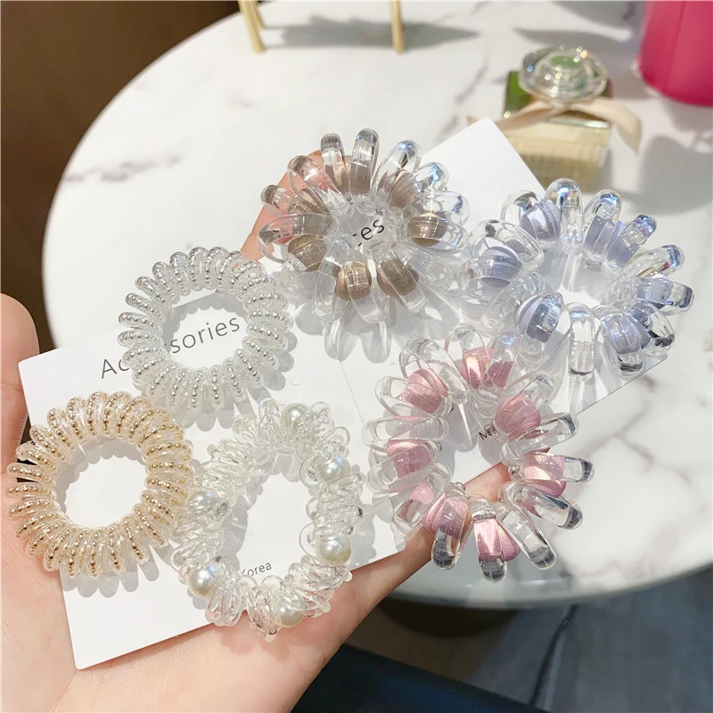 

New Clear Elastic Hair Band Telephone Wire Line Gold Silver Ball Pearl Ponytail Hair Ties Rubber Band Women Hair Accessories