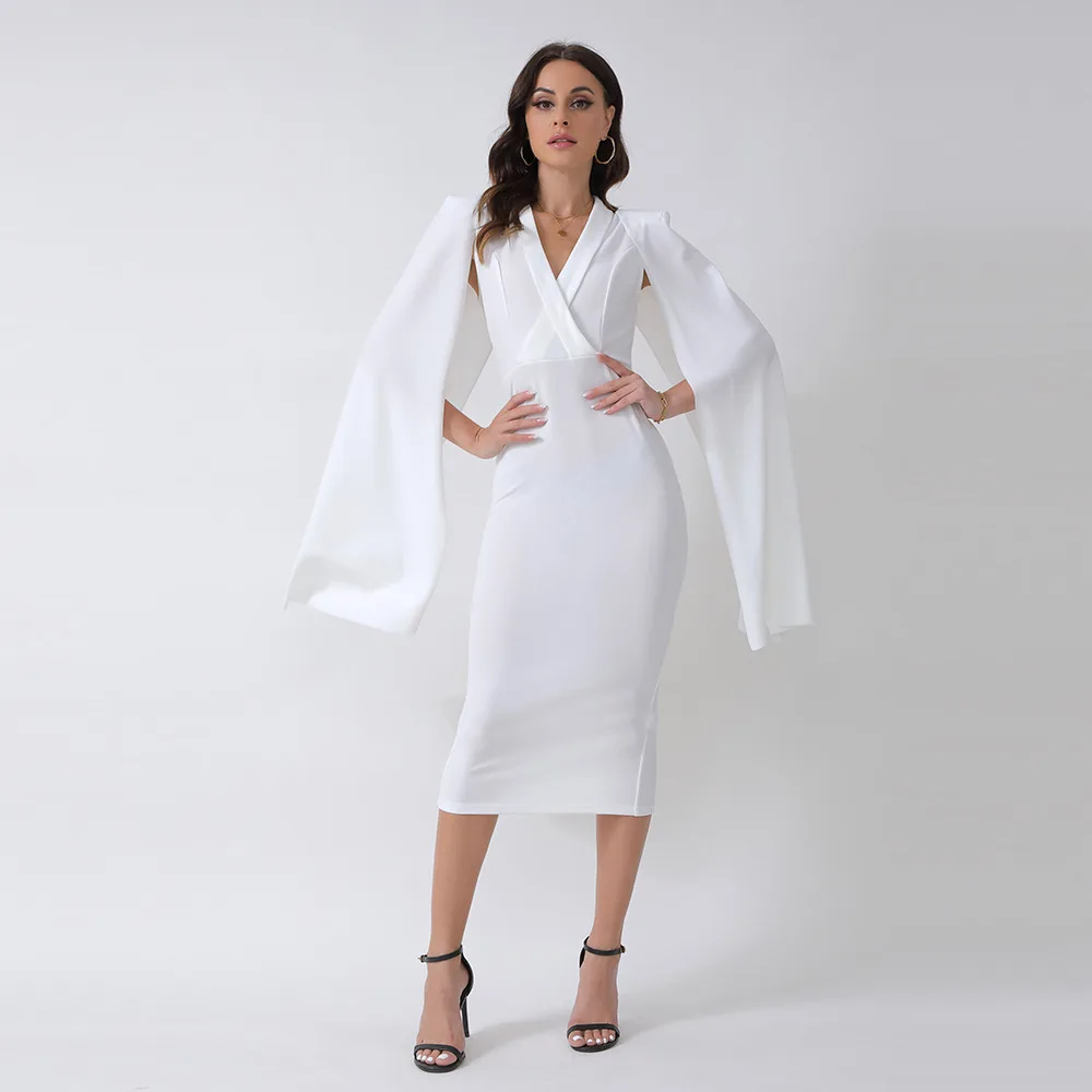 Fashion White Women Dress V-neck Slim Temperament Split Bodycon Dress Vestidos Lady Office Elegant Work Wear Modest Clothes