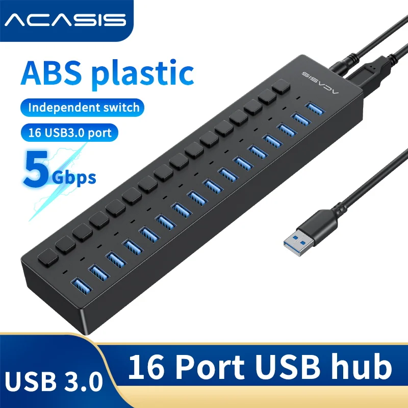 ACASIS Powered USB Hub,16 Ports USB 3.0 Data Hub, Individual On/Off  Switches, 12V7.5A 90W Power Adapter, USB Hub 3.0 Splitter Extension for  MacBook