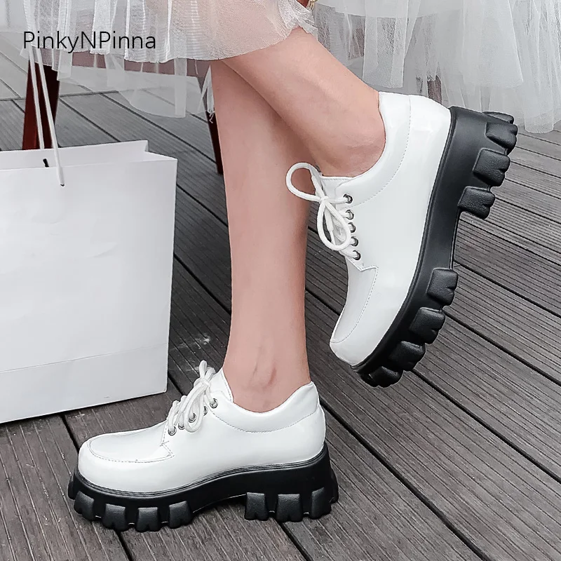 hot sale trendy women platform patent leather oxford laced up casual shoes plus size winter preppy young chic plush lining