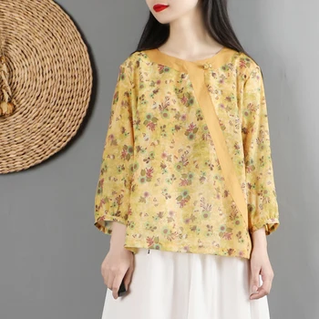 

2020 women ethnic vertical collar button chinese style retro pure long sleeve t shirt female shirt tops