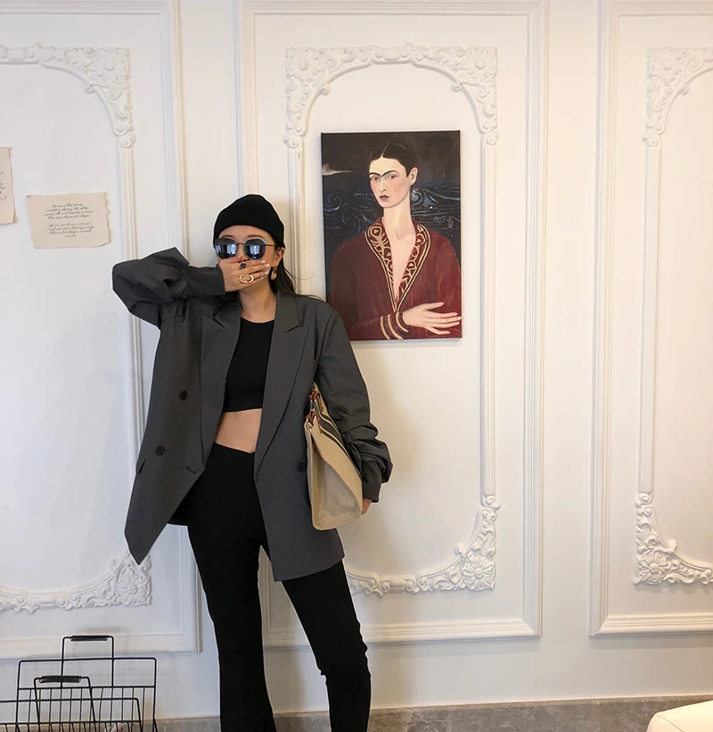 Yamamoto стиль преувеличенный сложенный Фонарь рукава, папа маленький костюм куртка, женский серый повседневный осенний костюм, стиль