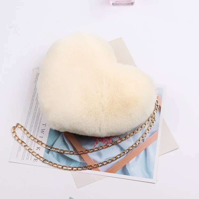 2019-Beige Женские сумки через плечо в форме сердца, одноцветные зимние сумки на плечо из искусственного меха, сумка-мессенджер, маленькие женские сумки на цепочке - Цвет: 2019-Beige