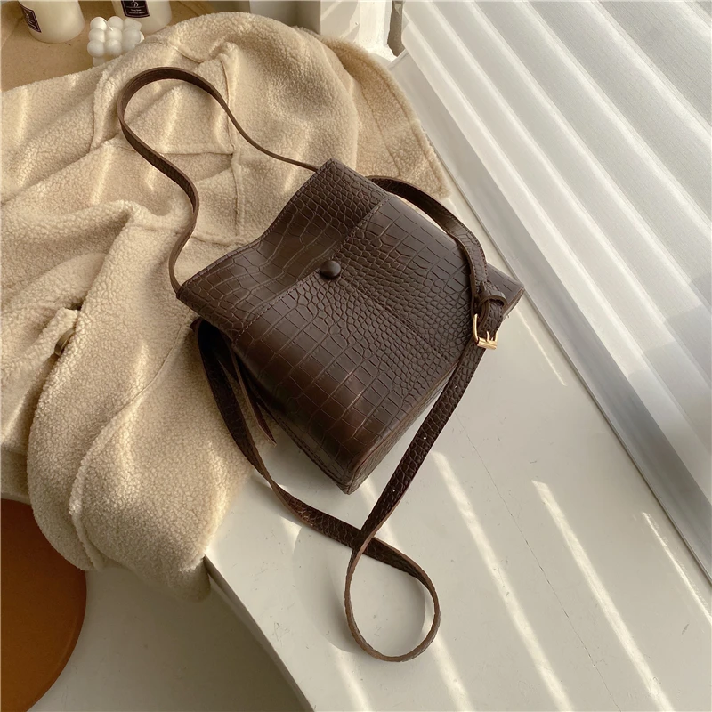 Сумка-мешок из искусственной кожи с каменным узором для женщин маленькая сумка через плечо женские дорожные сумки - Цвет: Кофе