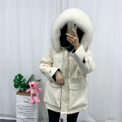 Beige-2 Korean Loose Down Jacket Female Mid Long Waist Big Fur Collar Thicken Down Coats Women Fashion Winter Hooded Jackets HS794 - Цвет: Beige-2
