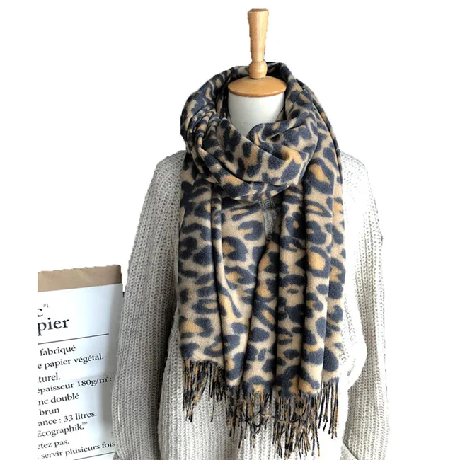 women leopard knit fashion winter cashmere scarves lady blanket warm tassel female shawls and wrap bandana warm foulard - Цвет: Коричневый