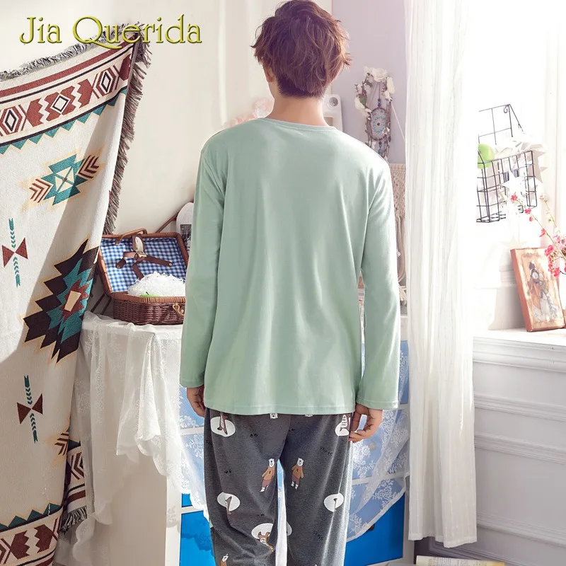 Bear Printing Pajamas Sets Man Leisure Cotton Pajama O-Neck Elastic Waist Regular Sleeves Solid Mens Sleeping Clothes Men Pyjama