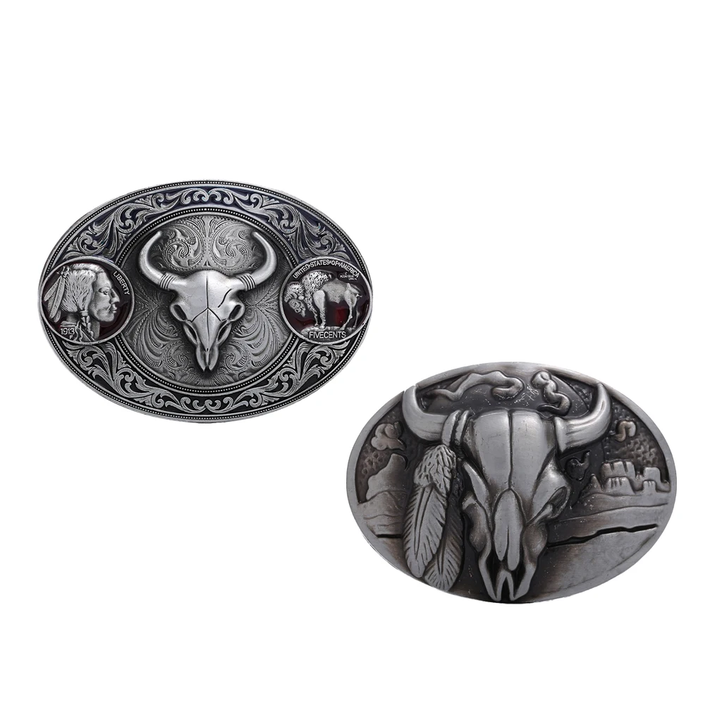 Western Belt Buckle Replacement - Engraved Bull Head - Oval Cowboy Belt Buckle