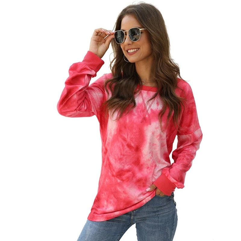 

Women Bat Long Sleeve Tie-Dye Print Sweatshirt Round Neck Loose Pullover Tops
