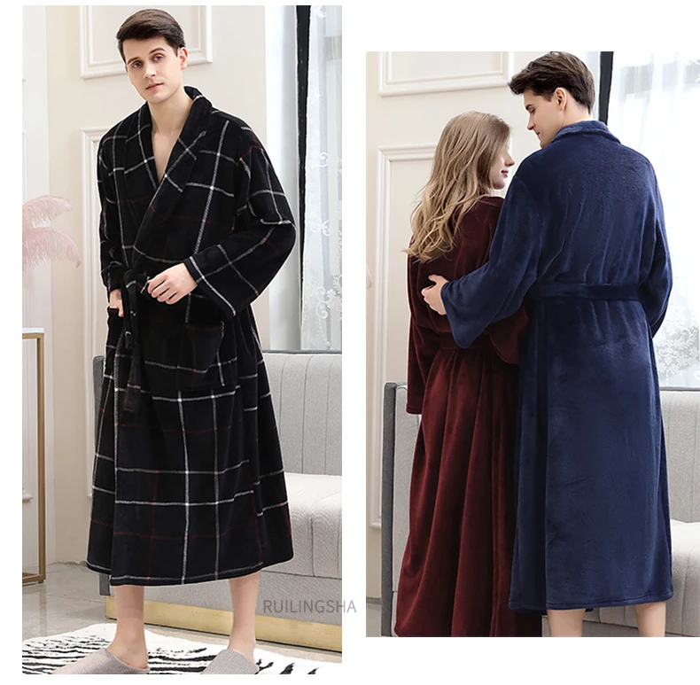Мужской длинный теплый зимний фланелевый Халат кимоно 40-130 кг коралловый флис плюс размер банный халат уютный ночной халат Женская одежда для сна