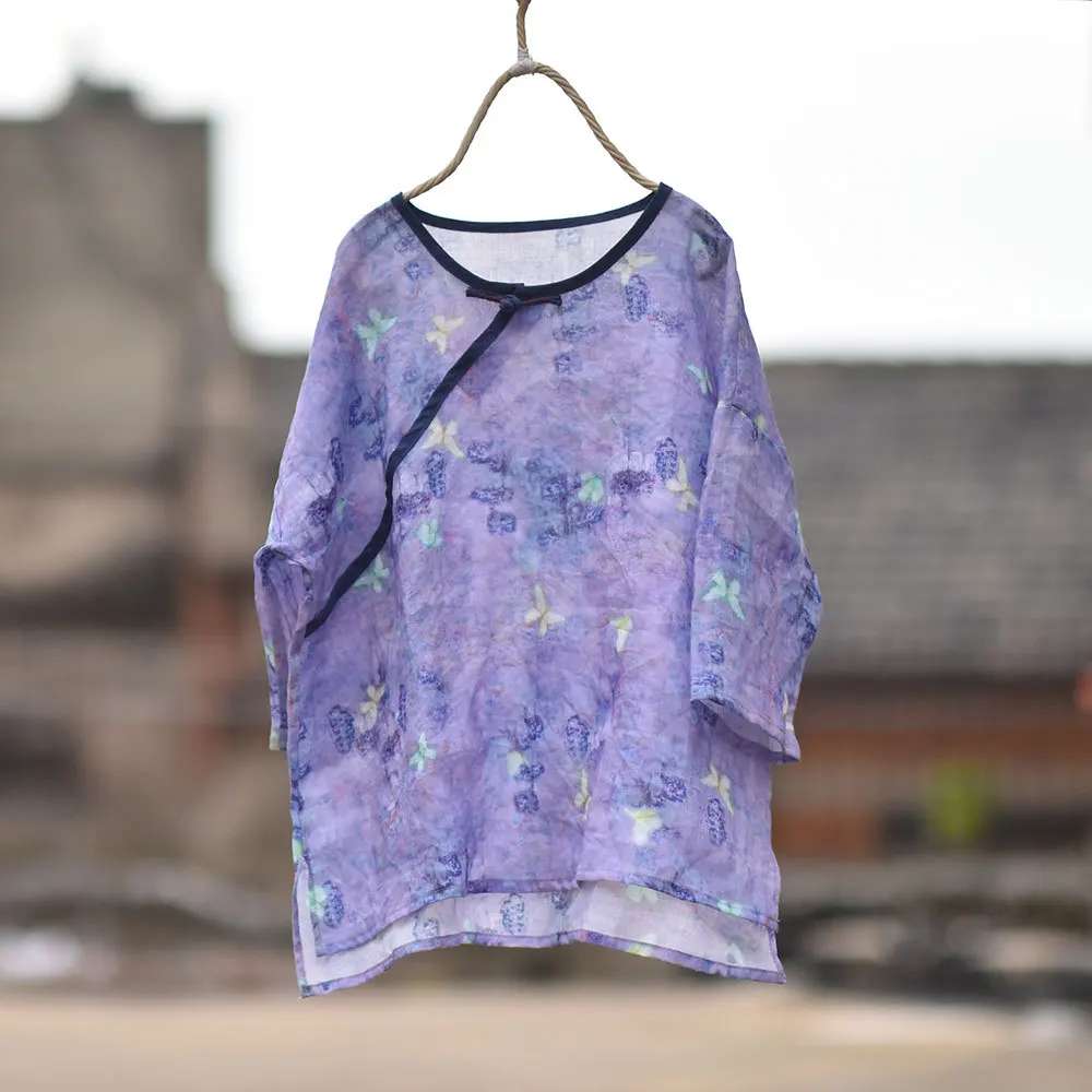 Women Printed Ramie Shirts Tops Ladies Print Ramie Irregular Length Blouse Female 2020 Summer Shirt 5