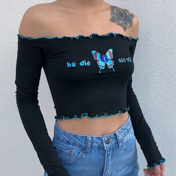 

sexy women off the shoulder crop tops bodycone short style butterfly t-shirts female Embroidery short Women Tees crop t-shirts