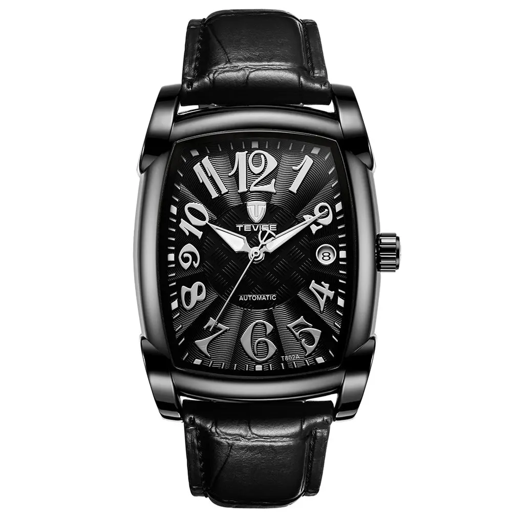 

TEVISE Fashion Men's Double Display Square Leather Belt Date Display Luminous Pointer Portable Men's Mechanical Watches 9013