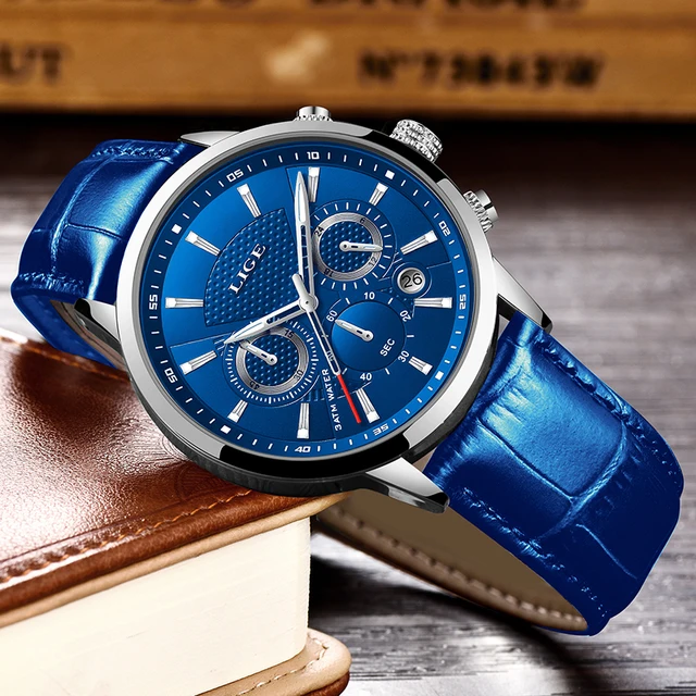 LIGE Fashion Luxury Blue Quartz Clock Male Casual Leather Waterproof ...