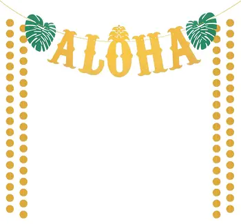 

metable 1set Hawaii Garland Luau Tiki Decor with Tropical Palm Leaves & Gold Glitter for Summer Beach Pool Hawaiian Aloha Party