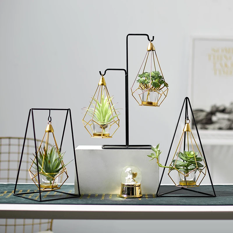 

Nordic simple geometric wrought iron swing combination succulent platter ceramic flower pot iron frame set creative flower pot