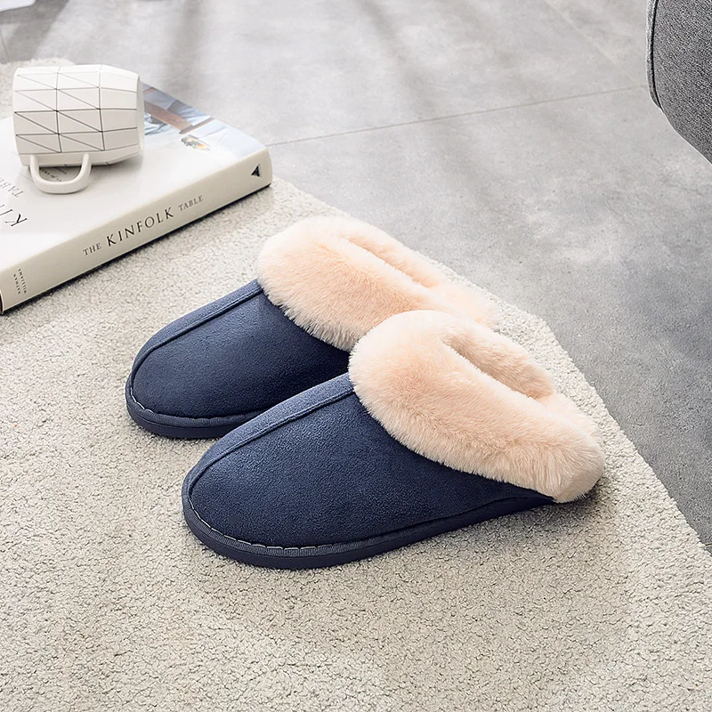 KushyShoo Cotton slippers women winter thick bottom warm simple home indoor floor men cute Korean couple slippers - Цвет: MEN Navy