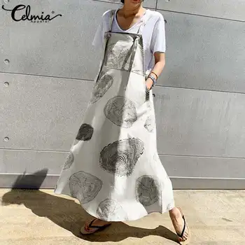 

2020 Celmia Vintage Casual Apron Dress Women Summer Sundress Sleeveless Straps Loose Printed Kaftan Long Maxi Vestidos Plus Size
