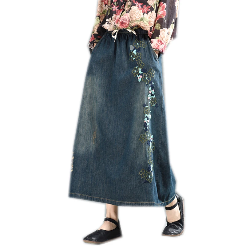 Women Denim Skirt Retro Vintage Fashion Long Loose Elastic Waist Embroidery Floral Print A09101369 | Женская одежда