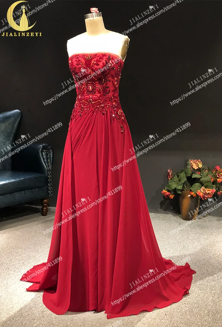 Rhine real Pictures Straplesss красное вино расшитое бисером Кристалл шифон Формальные модные платья вечерние платья