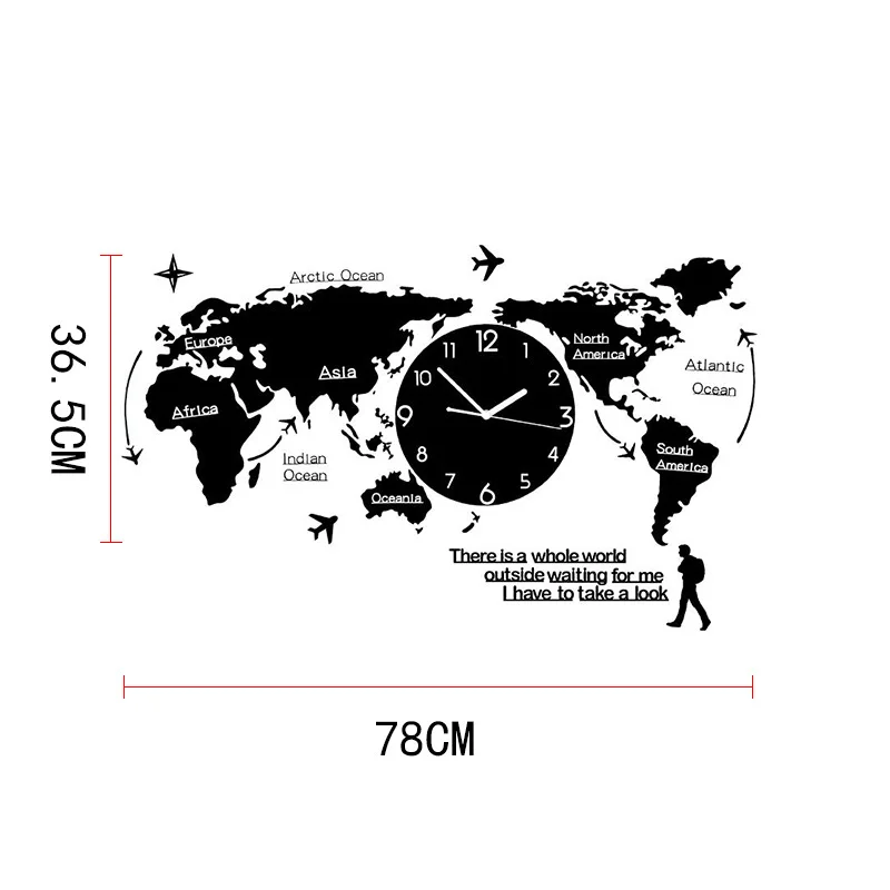 Люминесцентные простые настенные часы в скандинавском стиле, акриловые креативные модные часы с картой мира для украшения гостиной, бесшумный настенный Декор часов - Цвет: S black 78x36.5cm