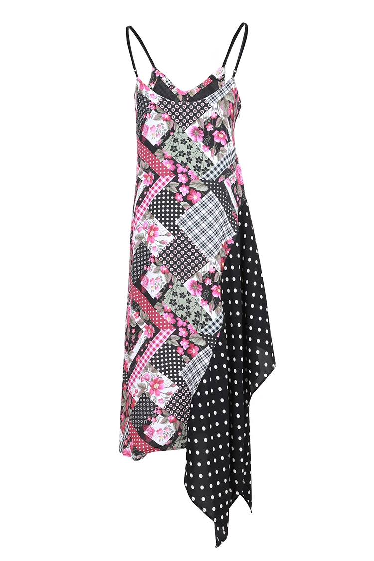 AELESEEN New Fashion Mix Print Irregular Dresses Women Elegant Spaghetti Stape Dots Spliced Flowers Printed Midi Dress