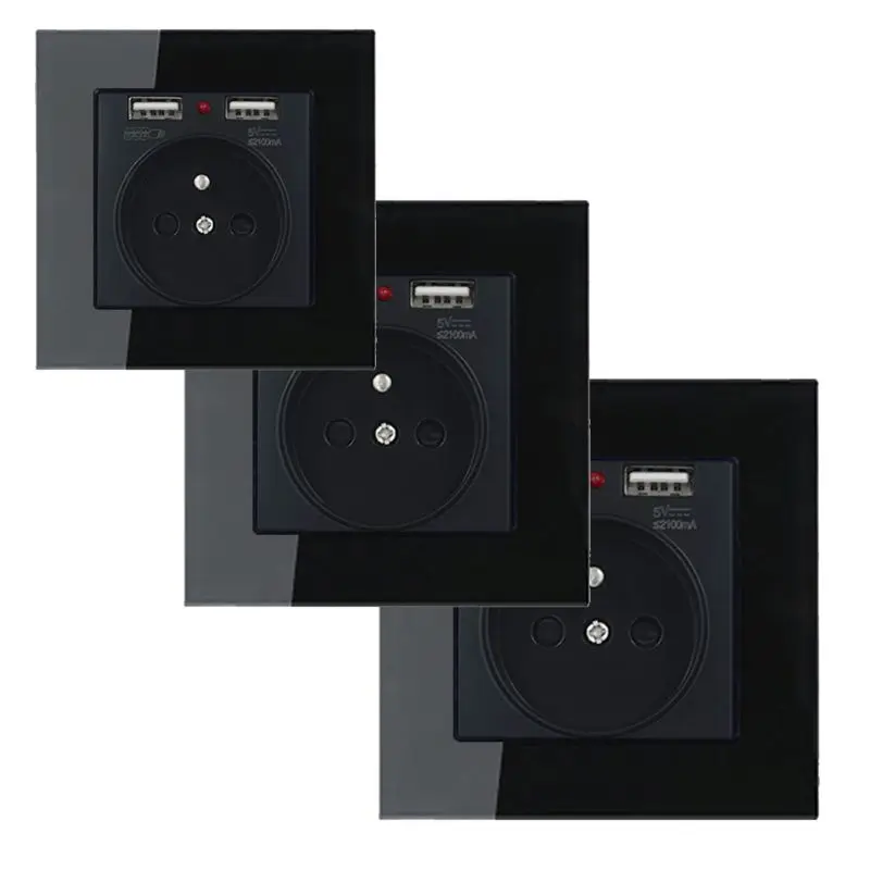 EU Standard Wall Electrical Power Socket with Dual Usb Ports Tempered Glass