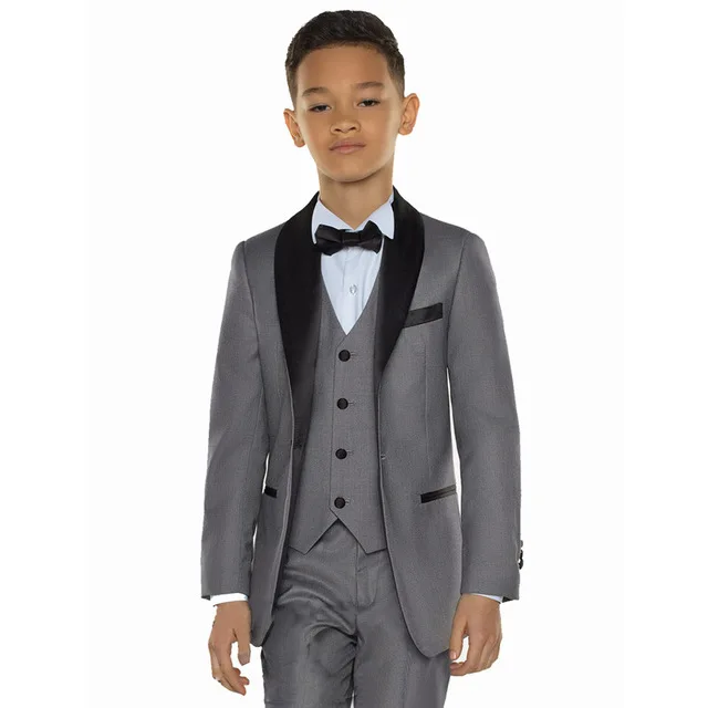 

2023 New Arrival Groom Boy Suits Grey White Handsome Cute Kids Wedding Party Tuxedos 3 Piece Suits (Jacket+Pants+Vest+Bow Tie )