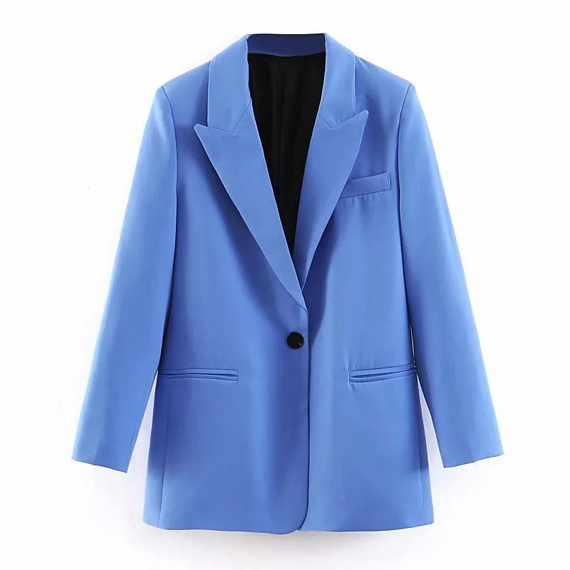 

Women's Blue Casual Suits Single Button Blazer Jacket High Waist Pants Set Office Ms. Official Two-Piece Set