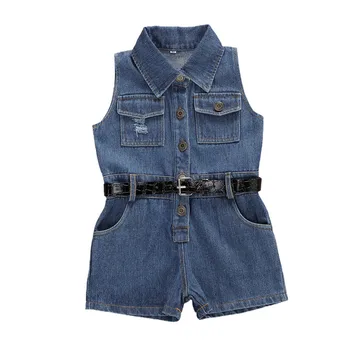 

Summer Baby Denim Playsuit Newborn Boys Girls Overall Sleeveless Button Bodysuit Pocket Romper and Jumpsuits with Belt 2-7Y