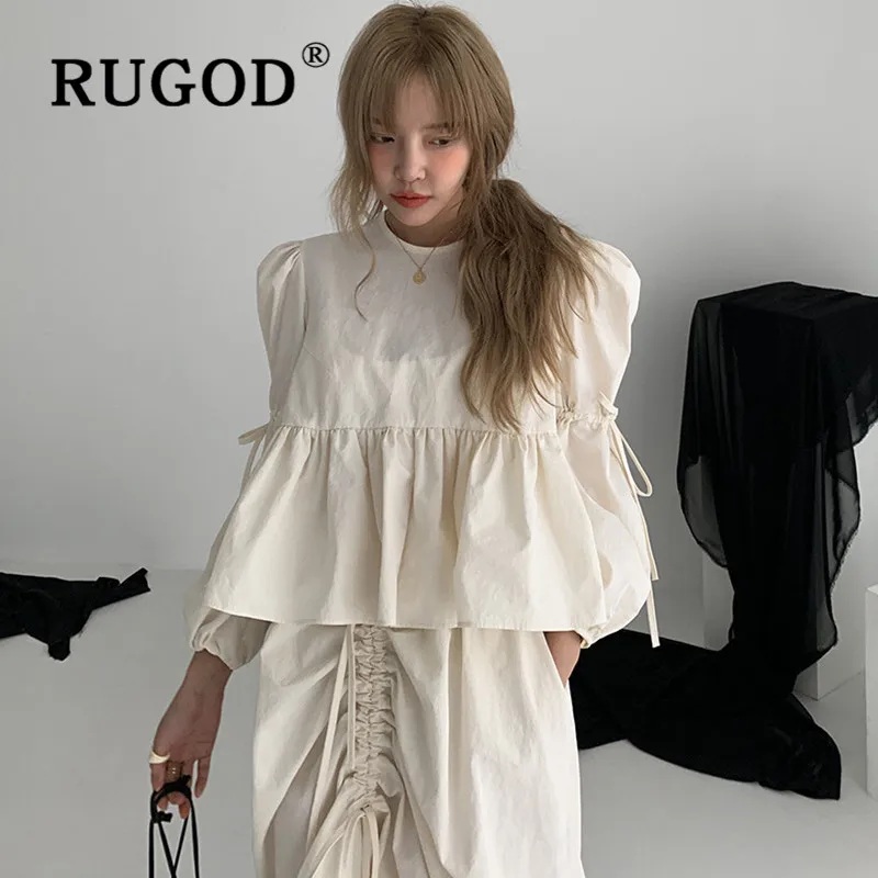 RUGOD ins модная однотонная женская блузка Корейская с пышными рукавами открытой