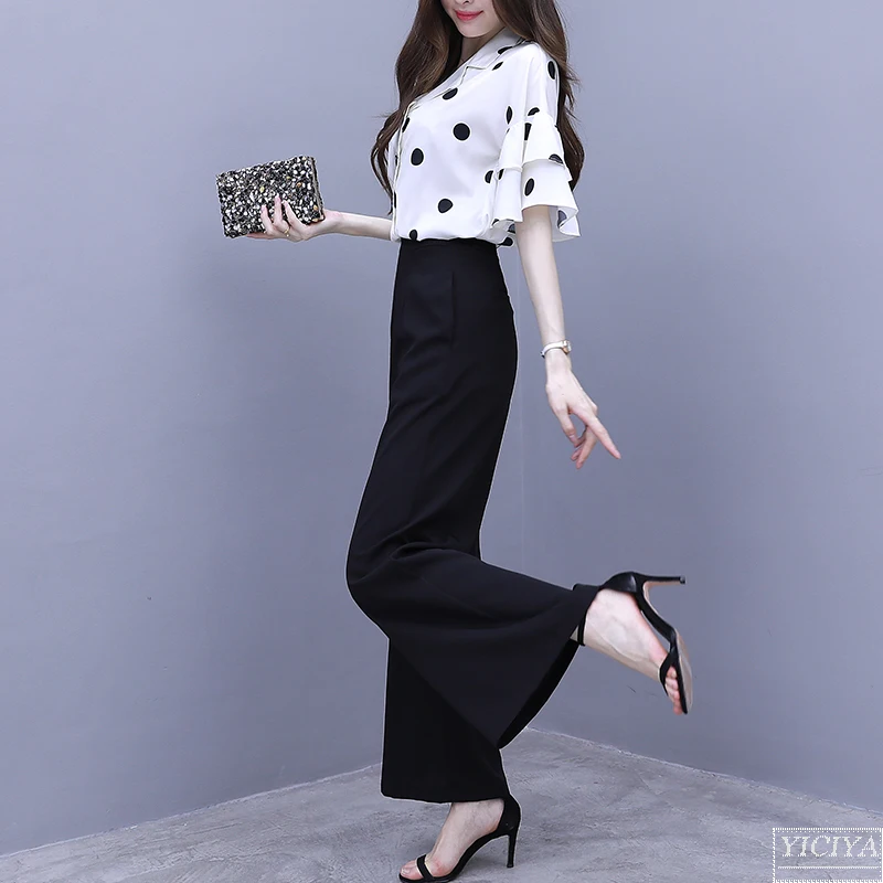 

Dot 2 piece set 2020 summer women's temperament wide leg pants suit Chiffon two piece suit 2 piece sets womens outfits for women