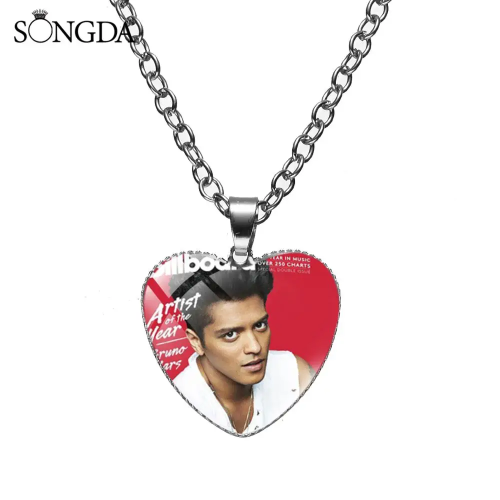 Favorite Star Bruno Mars Chain Necklace Popular Singer Glass Dome Heart