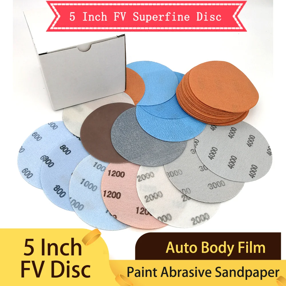 5 Inch 125mm FV Superfine Wet/Dry Hook & Loop Auto Body Film Sanding Discs Paint Abrasive Sandpaper 600#-4000# Grit