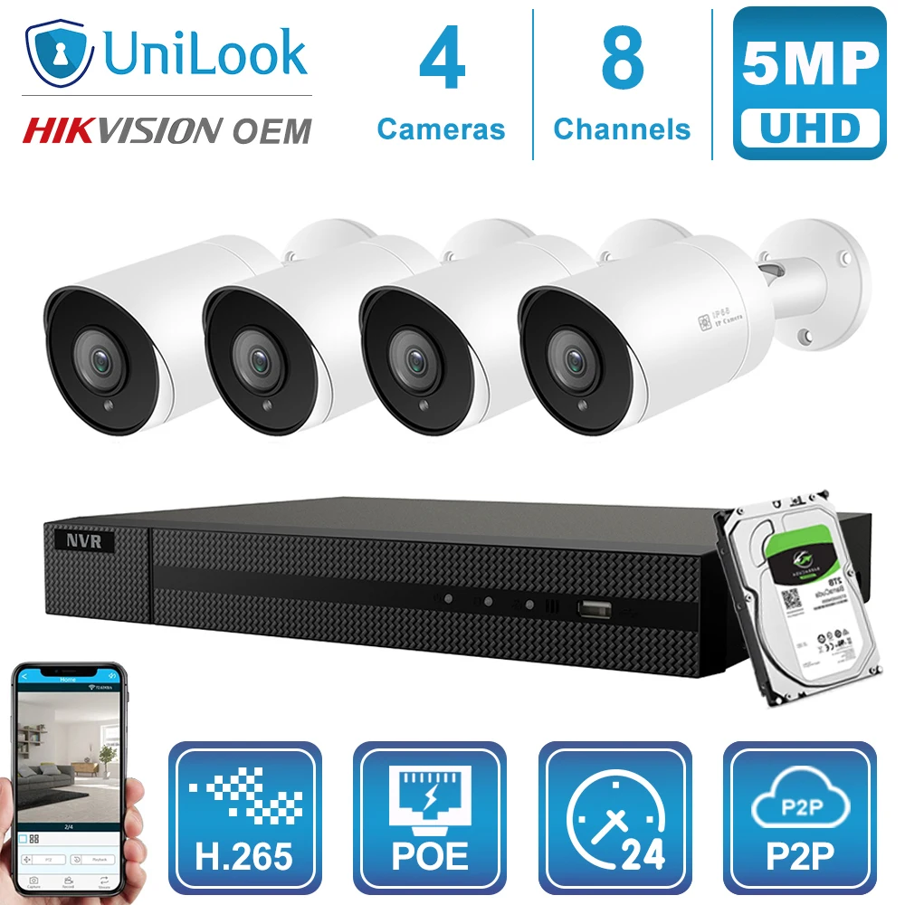 Hikvision OEM 8CH 4 к NVR 5MP пуля/Купол POE IP Камера 4/6/8 шт. наружного наблюдения ONVIF, H.265 CCTV NVR Наборы с 1/2/4 ТБ HDD