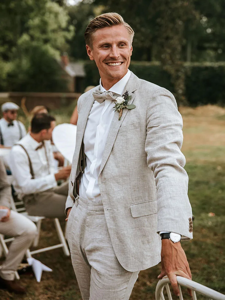 Cream Linen Men's Suit Tuxedos Causal Soft Summer 3 Pieces Leisure For Wedding
