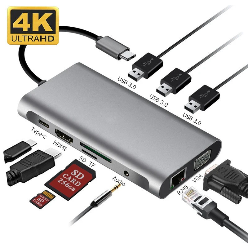 Устройство для чтения карт памяти Trumsoon Type C к RJ45 Gigabit Ethernet HDMI VGA SD TF Кабель USB 3 0 Aux