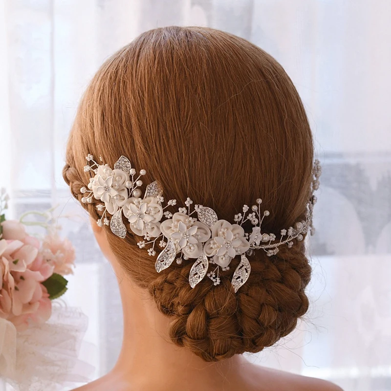 SLBRIDAL Handmade Silver Color Crystal Rhinestones Pearls Flower Leaf Wedding Headband Bridal Hair Accessories Women Jewelry | Украшения и