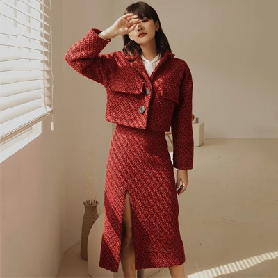 Suit set Осень зима винтажное маленькое ароматное короткое пальто юбка модный костюм женское Шерстяное Пальто праздничный комплект с юбкой с высокой талией и разрезом - Цвет: Suit set