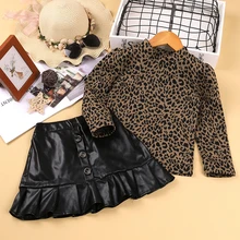 

Baby Clothing Sets for Girl Fashion Leopard Print Bottoming Shirt + Leather Skirt Suit 2022 Sping New Kids Clothes Girls Outfits