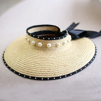 

2020 New Summer Women Pearl Headband Hat Raffia Visor Empty Top Caps Beach Hats Lady Braided Fashion Straw Sun Hat