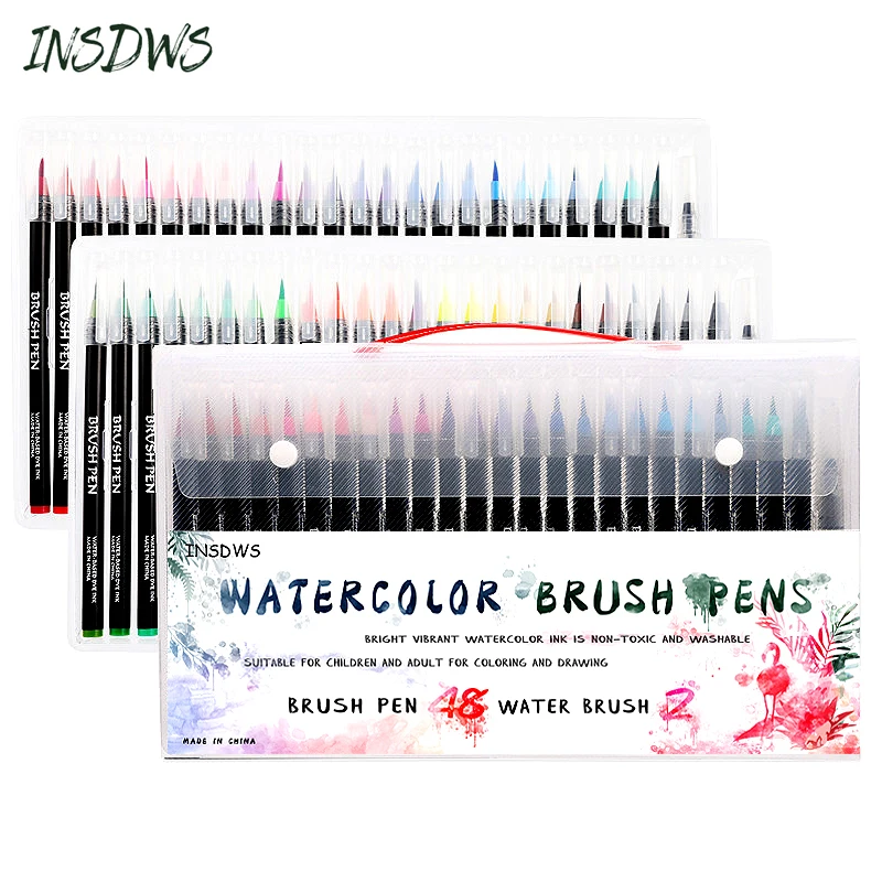 48 Pcs Watercolor Brush Pens +2 Water for Art Markers Drawing Coloring Manga Calligraphy School Supplies Stationery | Канцтовары для