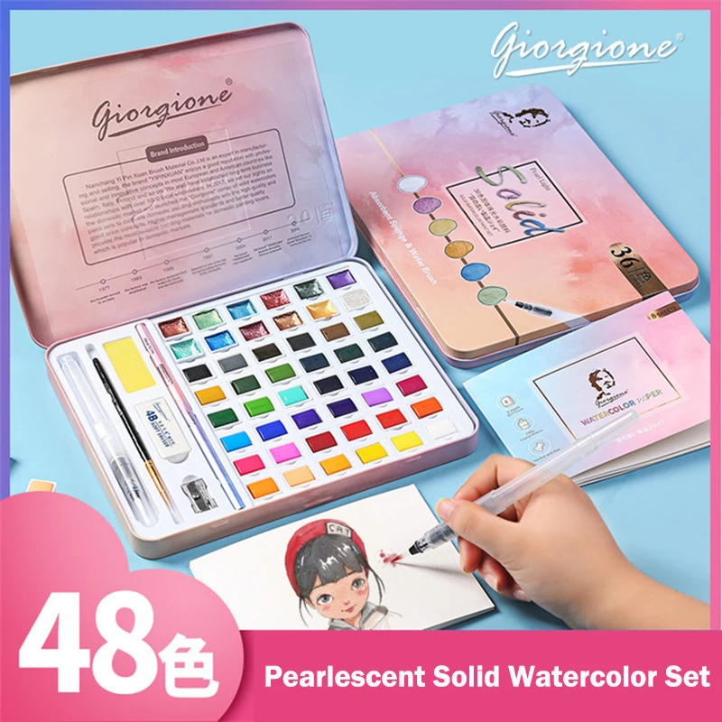 Professional 36/48 Colors Solid Watercolor Paints Set Iron box With Paintbrush Watercolor Pigment Set For Painting Art Supplies